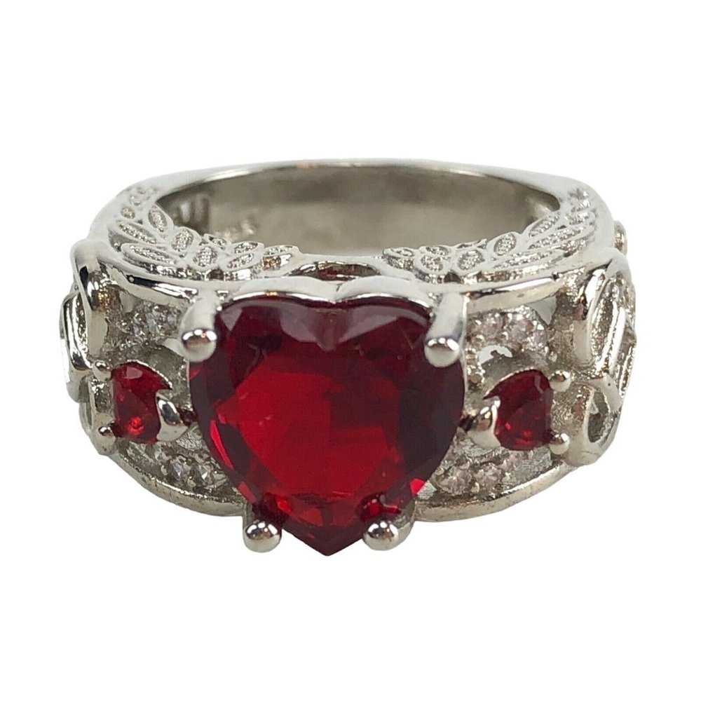 Ring Size 6 Red Heart Stone Silver Plated